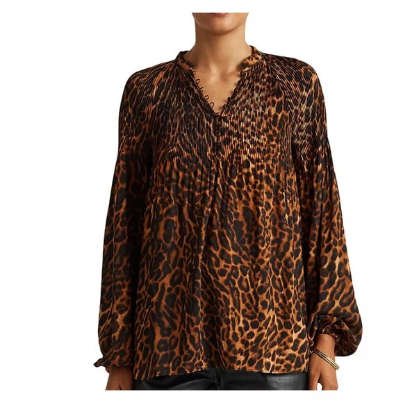 NWT Lauren Ralph Lauren Animal Ocelot Print Pleated Georgette Blouse Top L - Picture 2 of 7